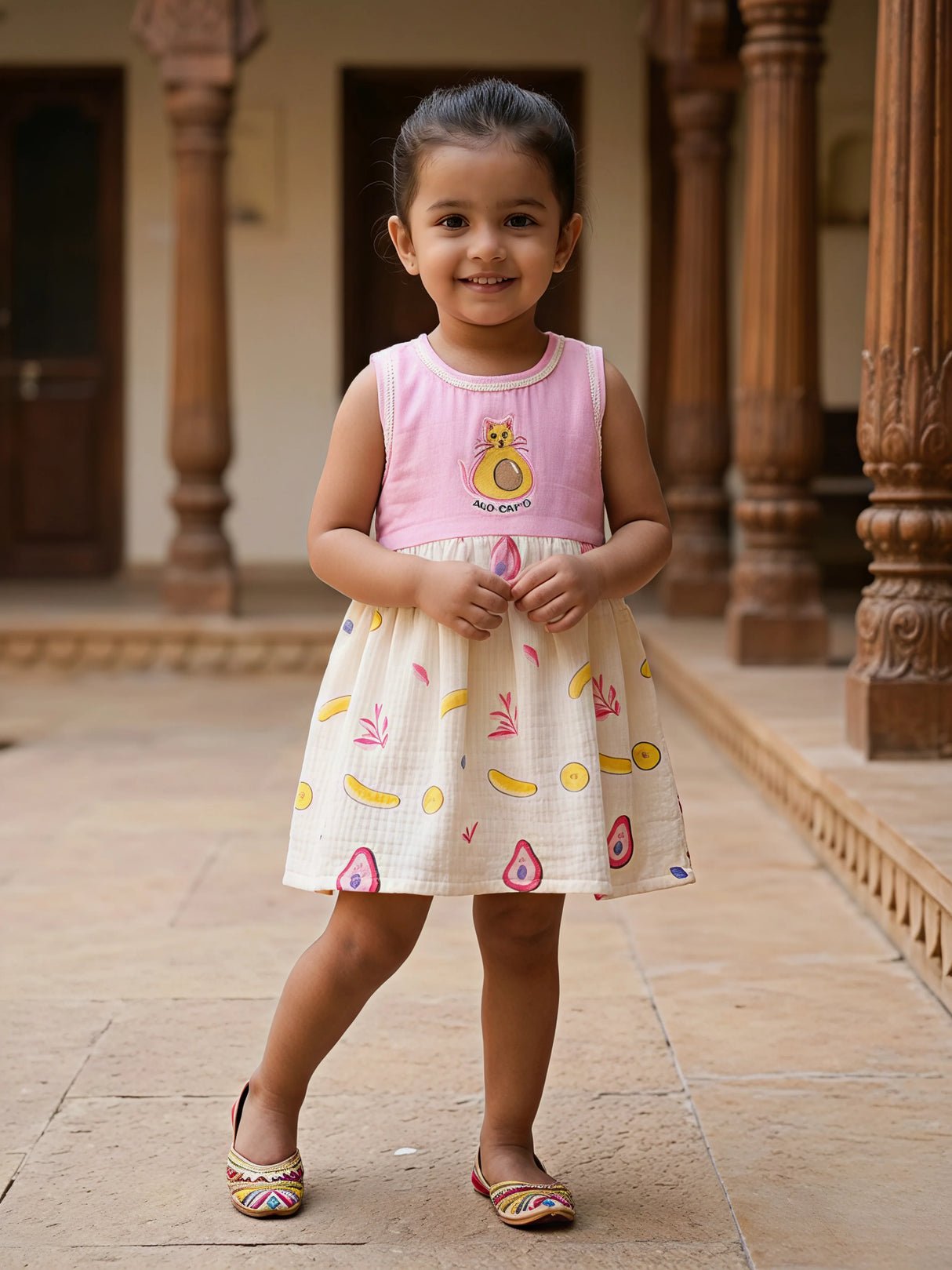 Girls Pink Avo-Cat-O Graphic Cotton Frock