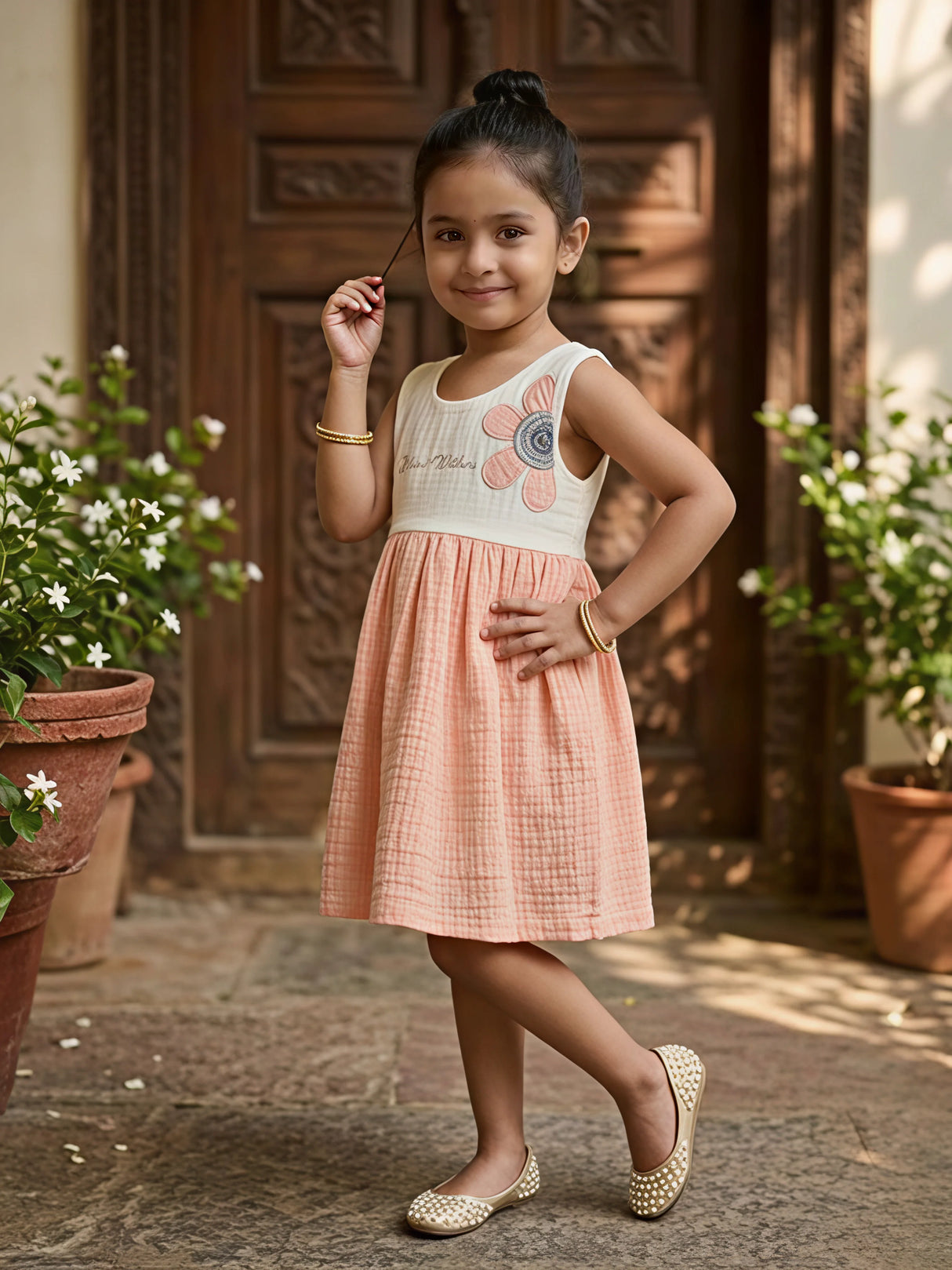 Dual-Tone Peach Cotton Frock with Floral Embroidery