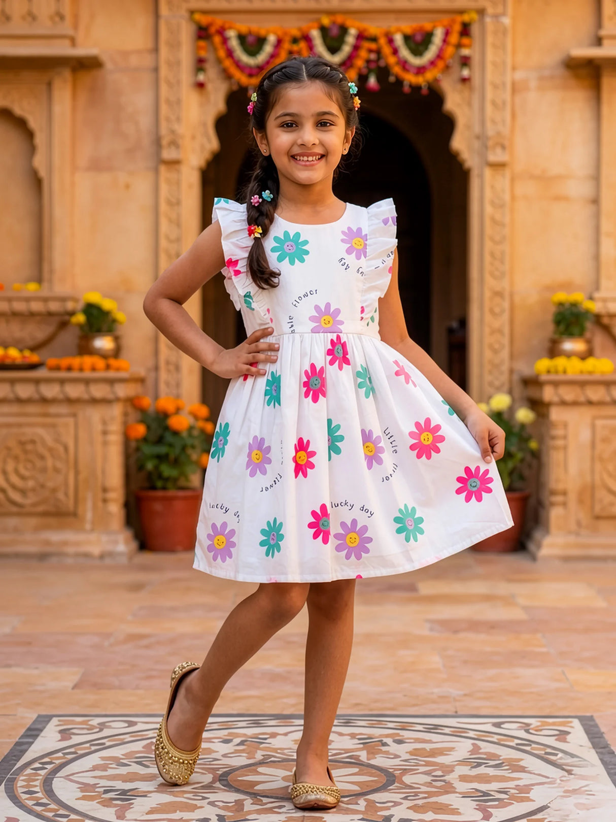 Girls White Floral Ruffle Cotton Frock