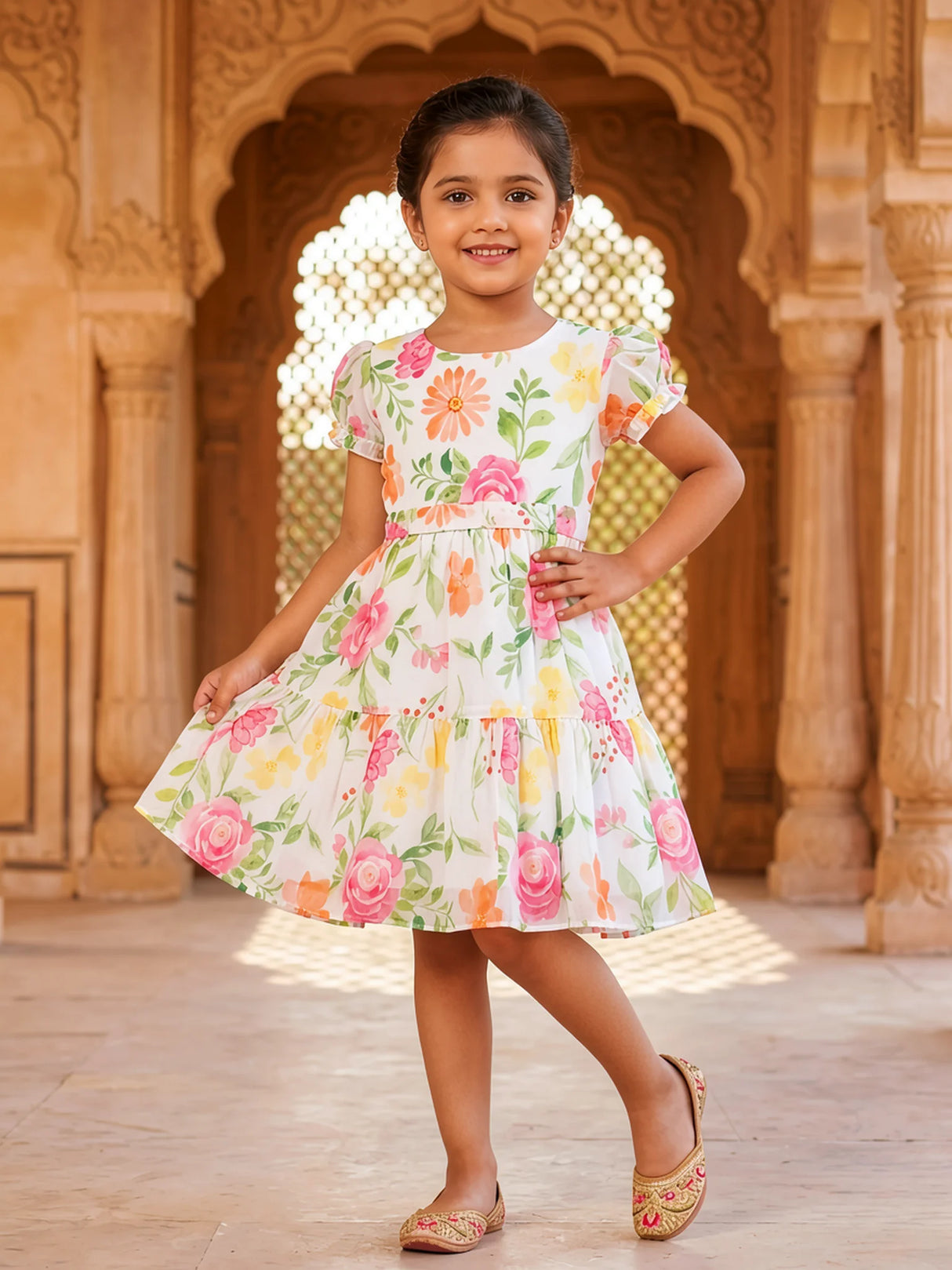Girls Pink Floral Organza Frock
