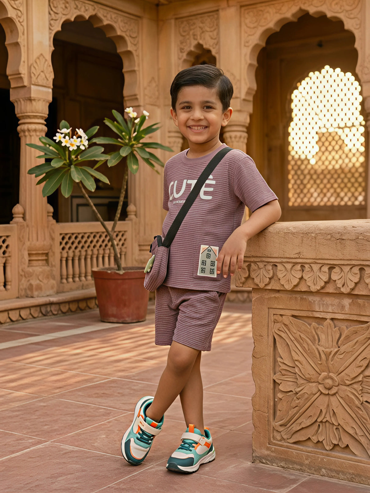 Boys Purple Textured "Cute" Co-ord Set with Matching Crossbody Bag