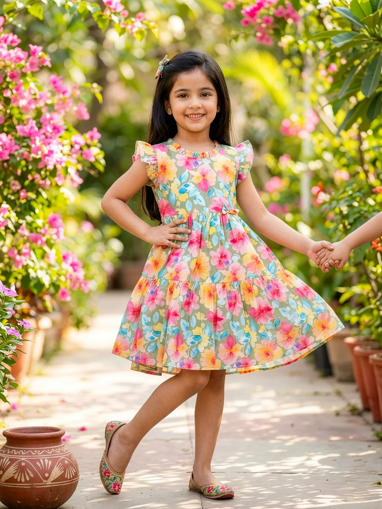 Girls Green Floral Print Ruffle Frock