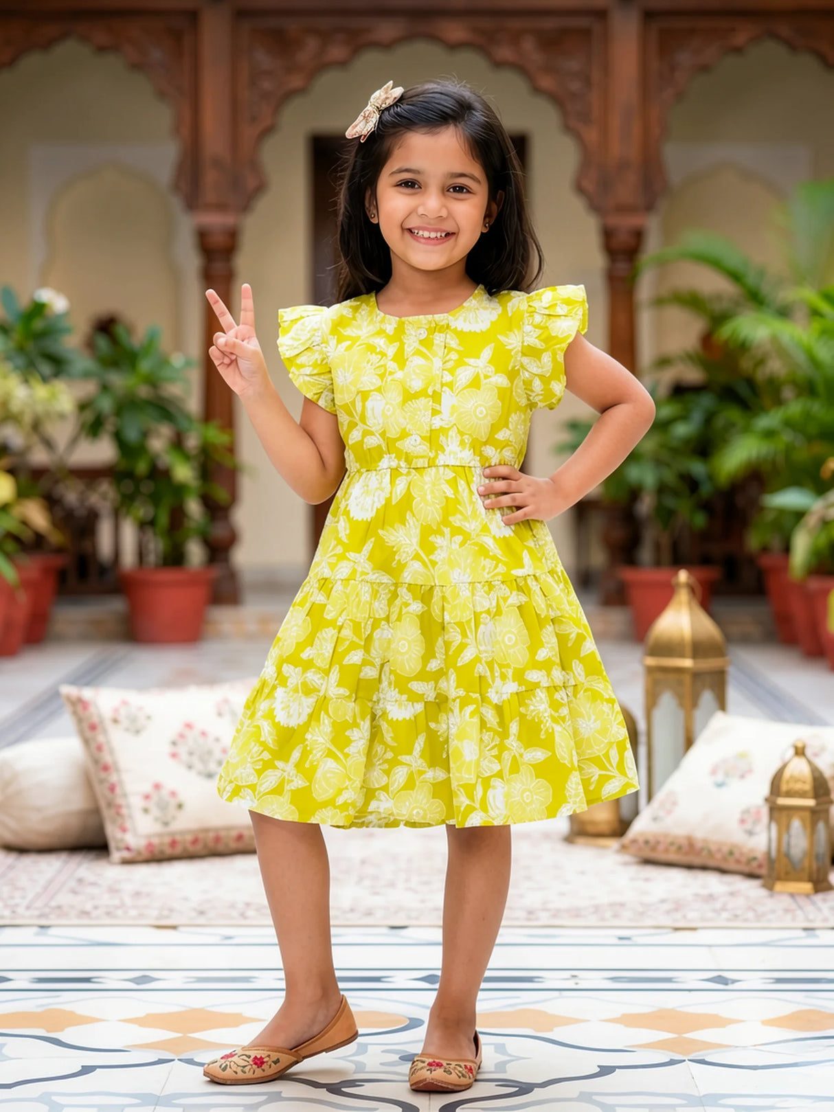 Girls Lime Green Floral Tiered Cotton Frock