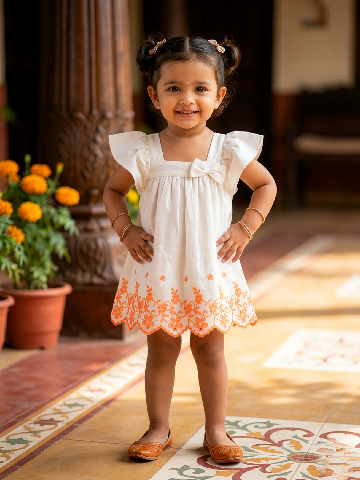 Cream Embroidered Girls Frock with Ruffle Sleeves