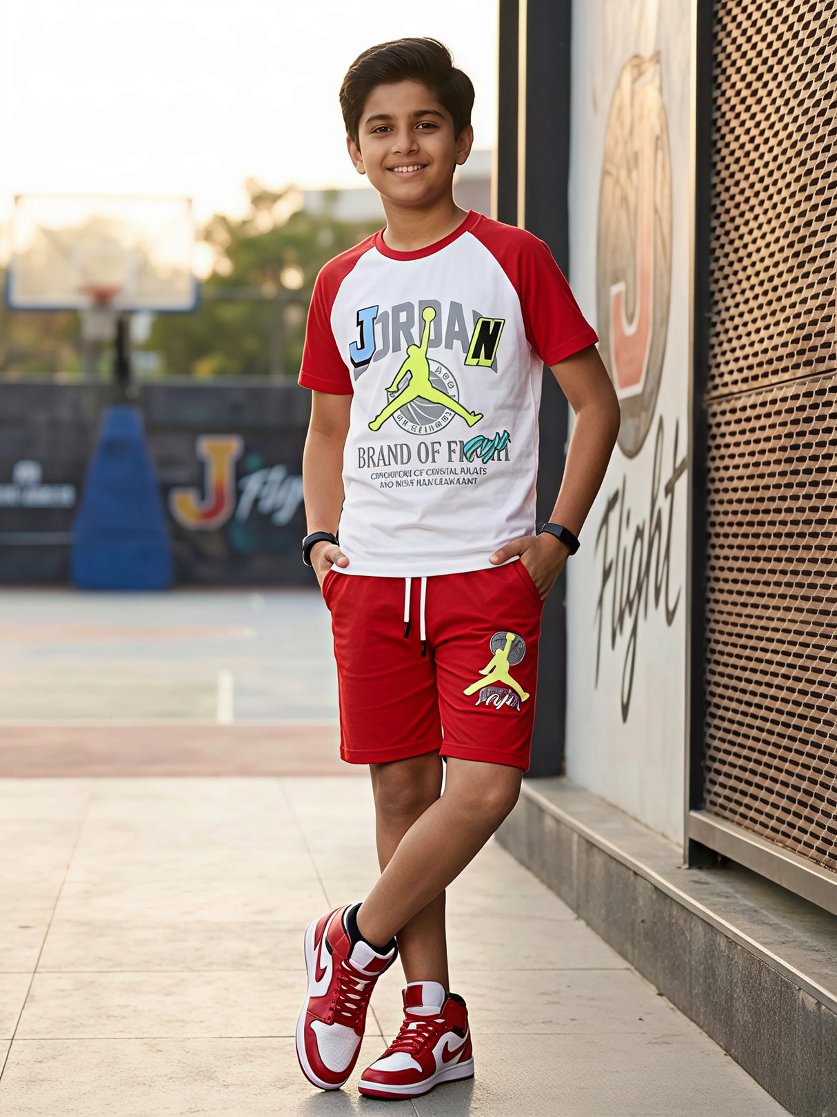 Boys Red and White Varsity Athletic Coordinate Set.