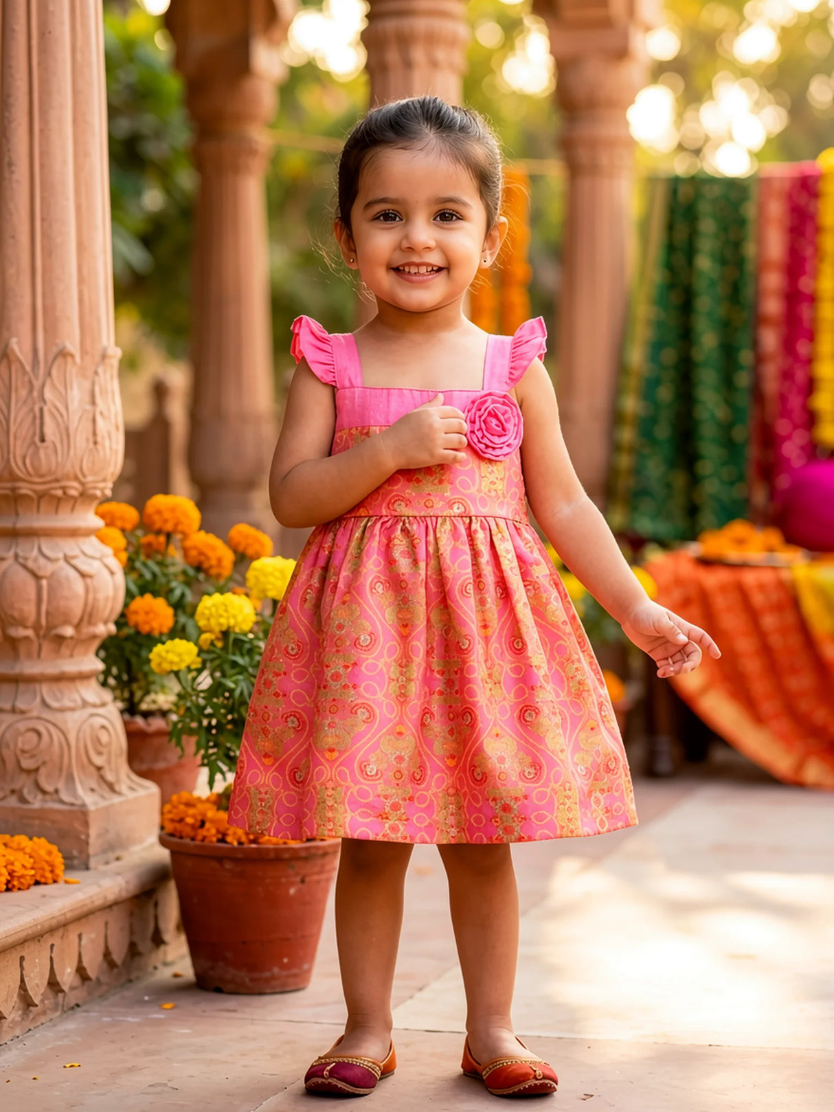 Pink Floral Brocade Girls' Festive Frock