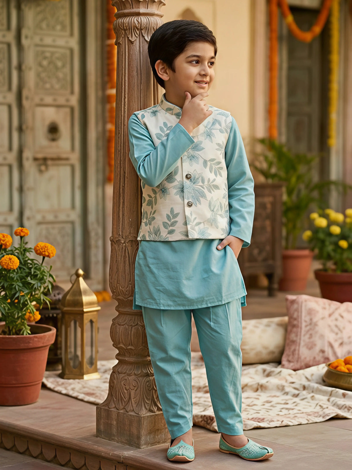 Boys Sea Green Kurta Set with Embroidered Floral Nehru Jacket
