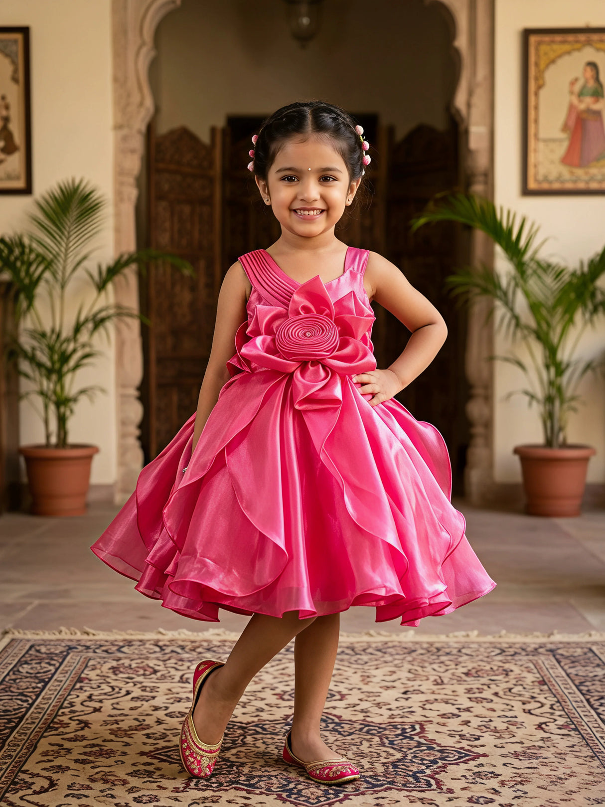 Girls Rani Pink Floral Appliqué Party Frock