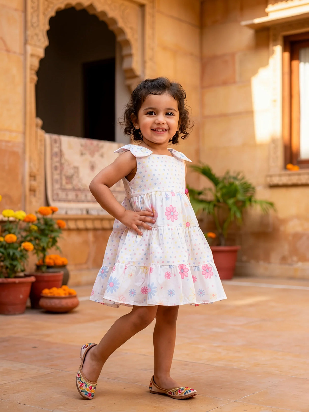 Toddler Girls White Floral Tiered Frock