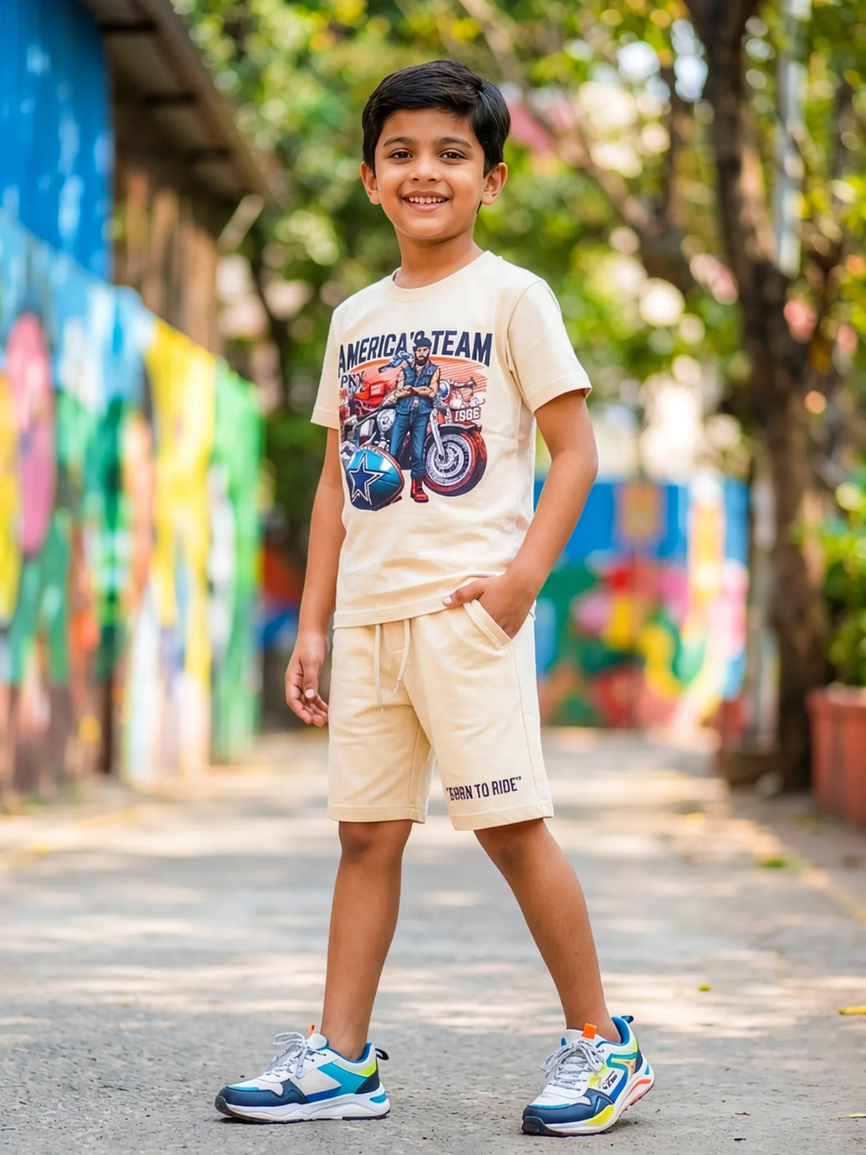 Boys Cream "America's Team" Printed T-Shirt & Shorts Co-ord Set