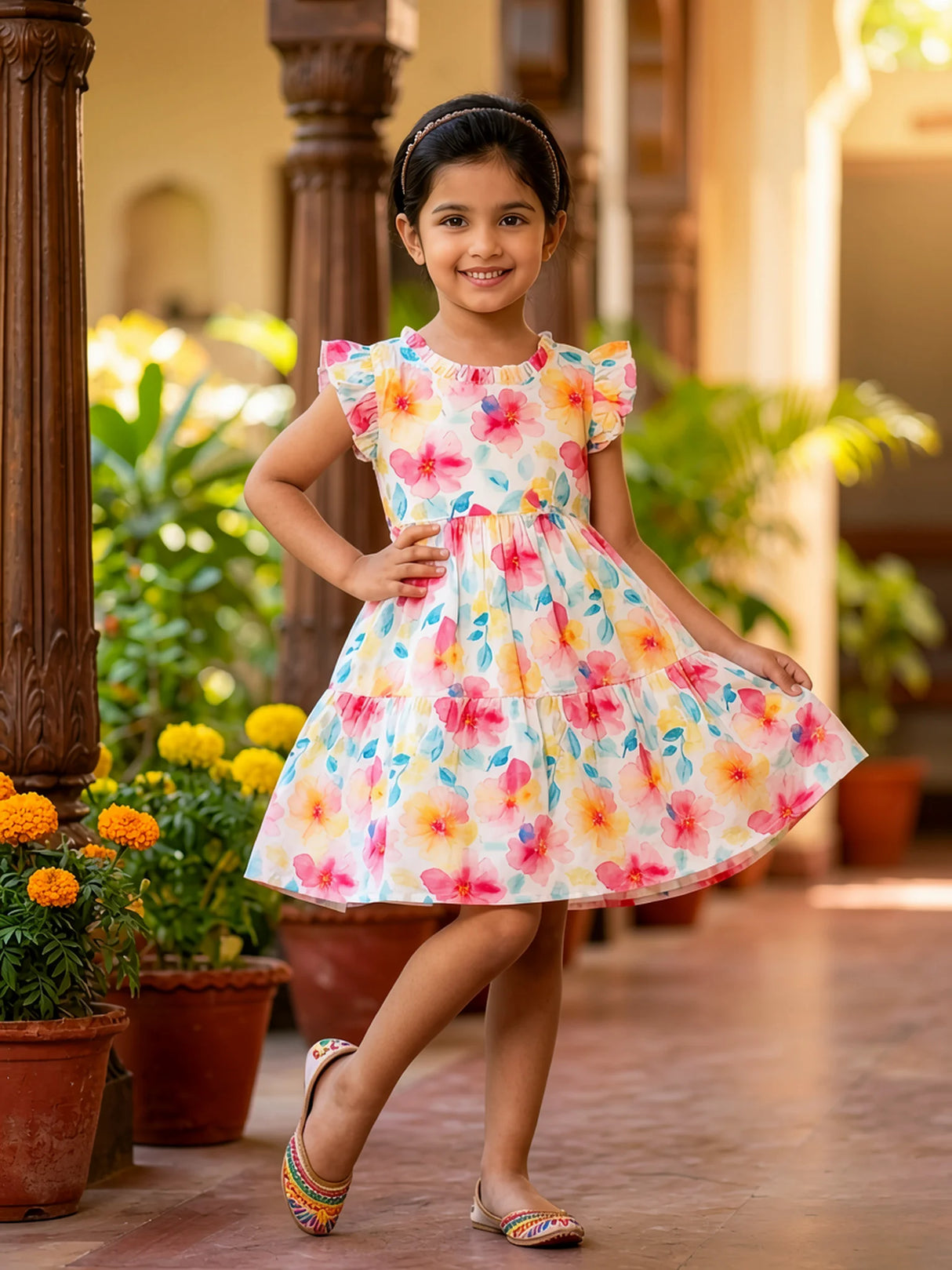 Girls Pink Floral Tiered Cotton Frock