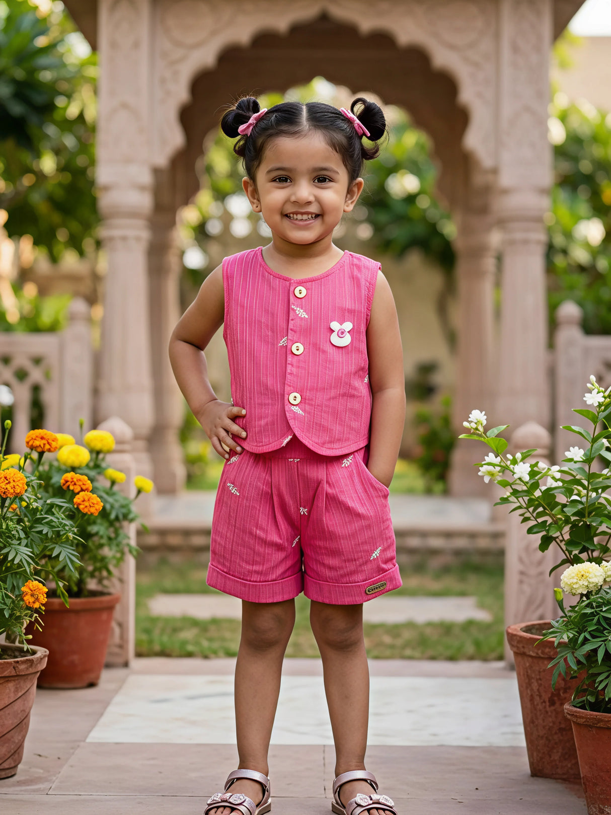 Girls' Fuchsia Pink Cotton Vest & Shorts Co-ord Set