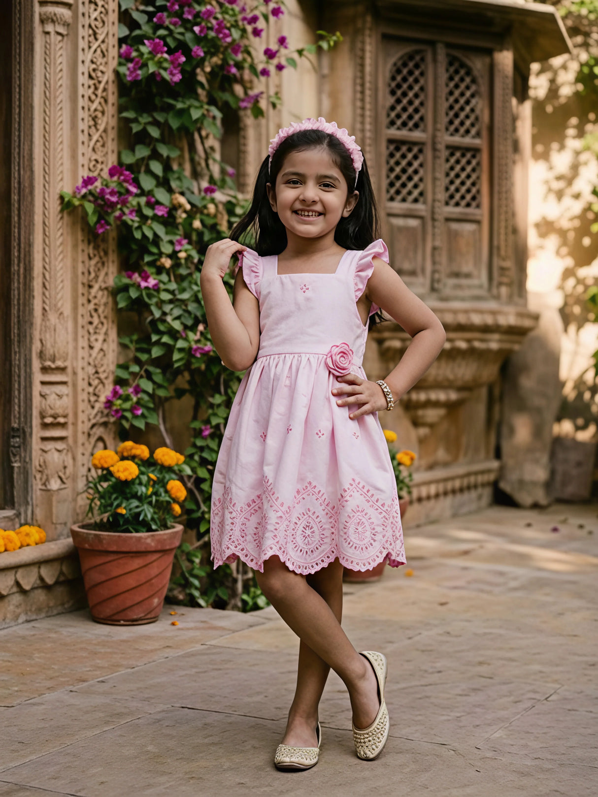 Girls' Pastel Pink Embroidered Ruffle Frock with Floral Appliqué