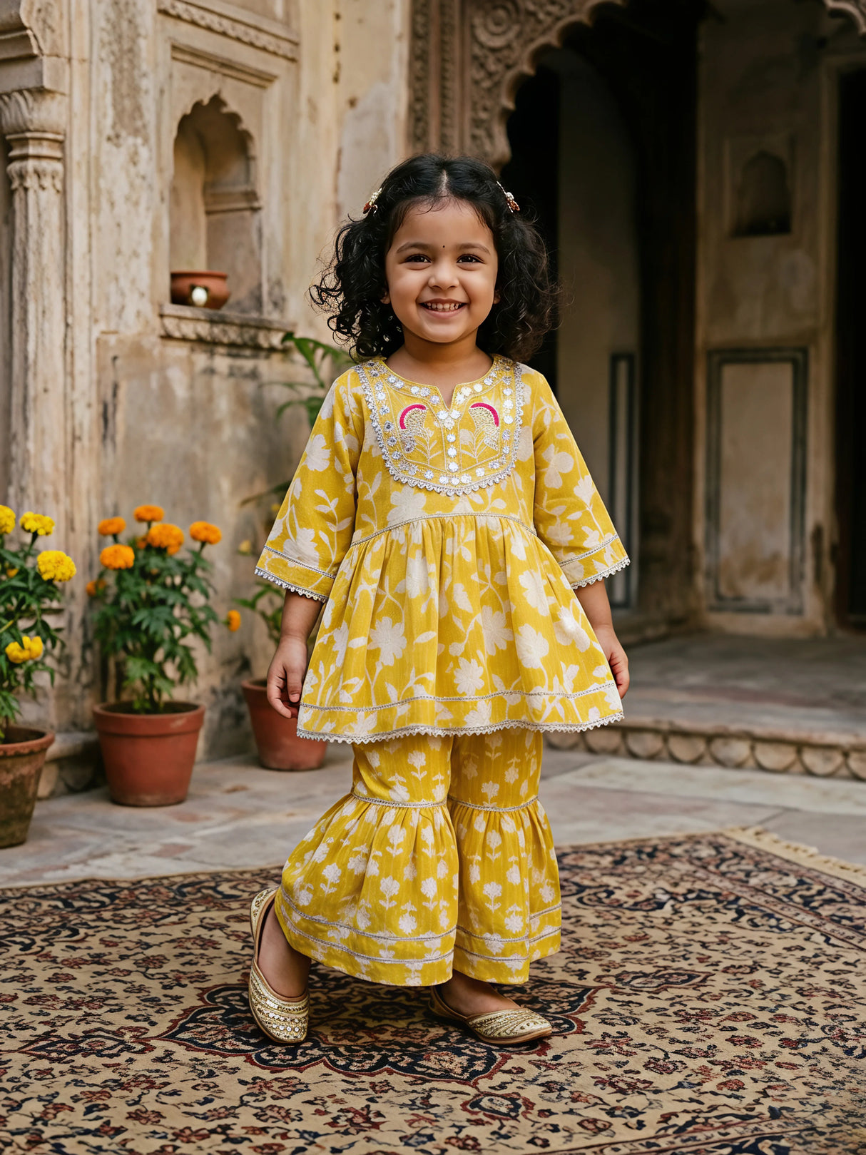Baby Girls' Mustard Yellow Floral Print Kurti and Ruffled Plazzo Set