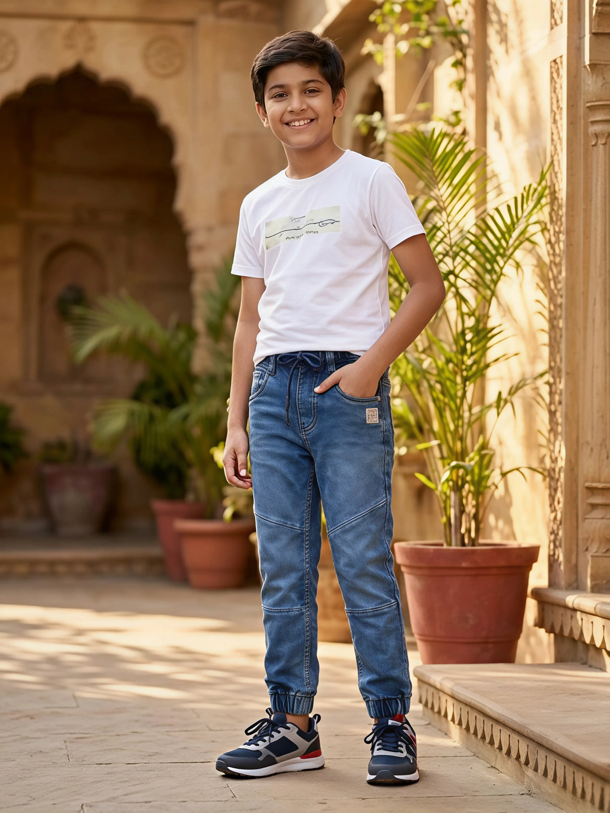 Boys' Dark Blue Melange Fleece Joggers with Neon Yellow Drawstring
