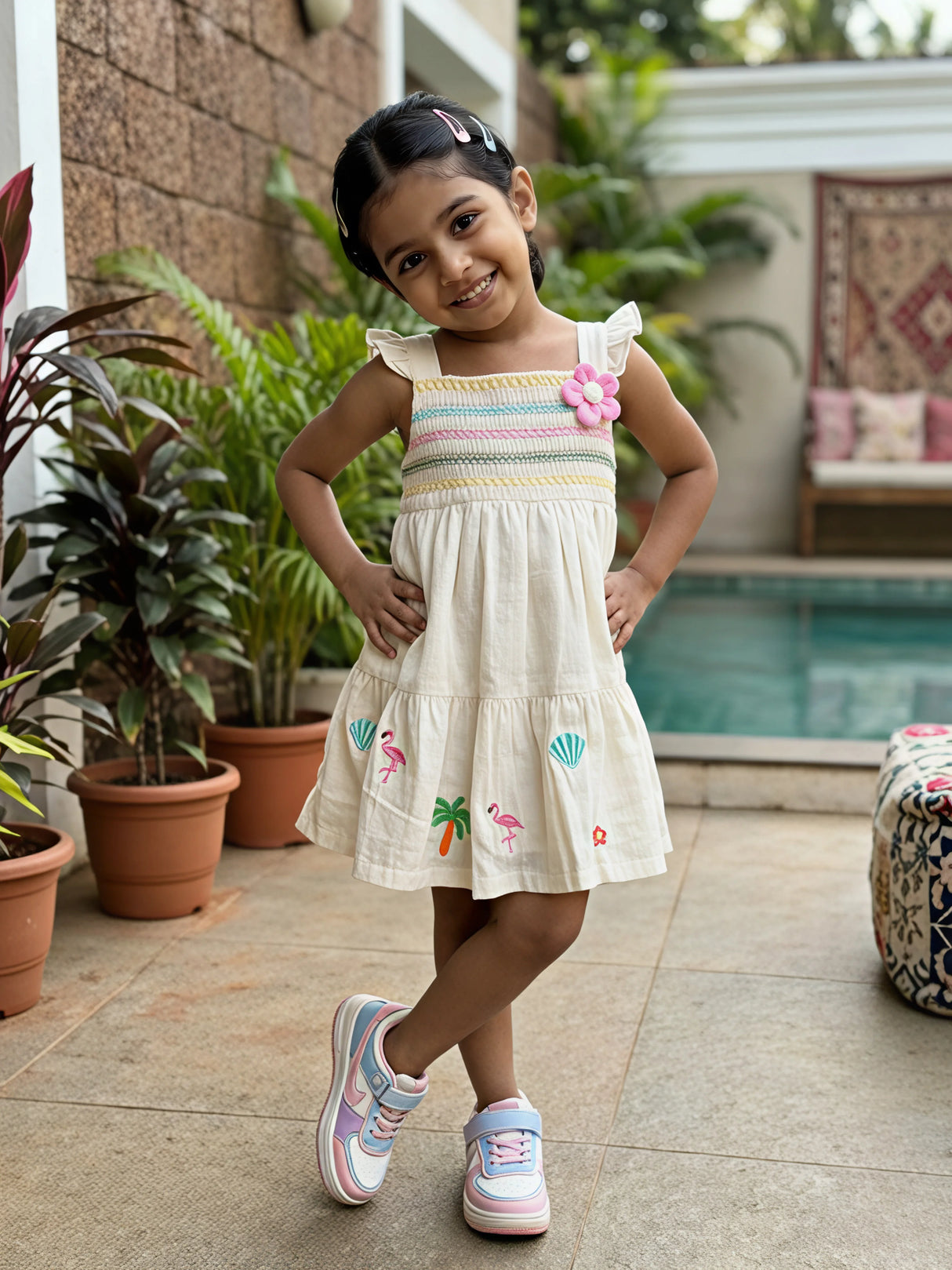 Girls' Cream Tropical Embroidered Cotton Frock