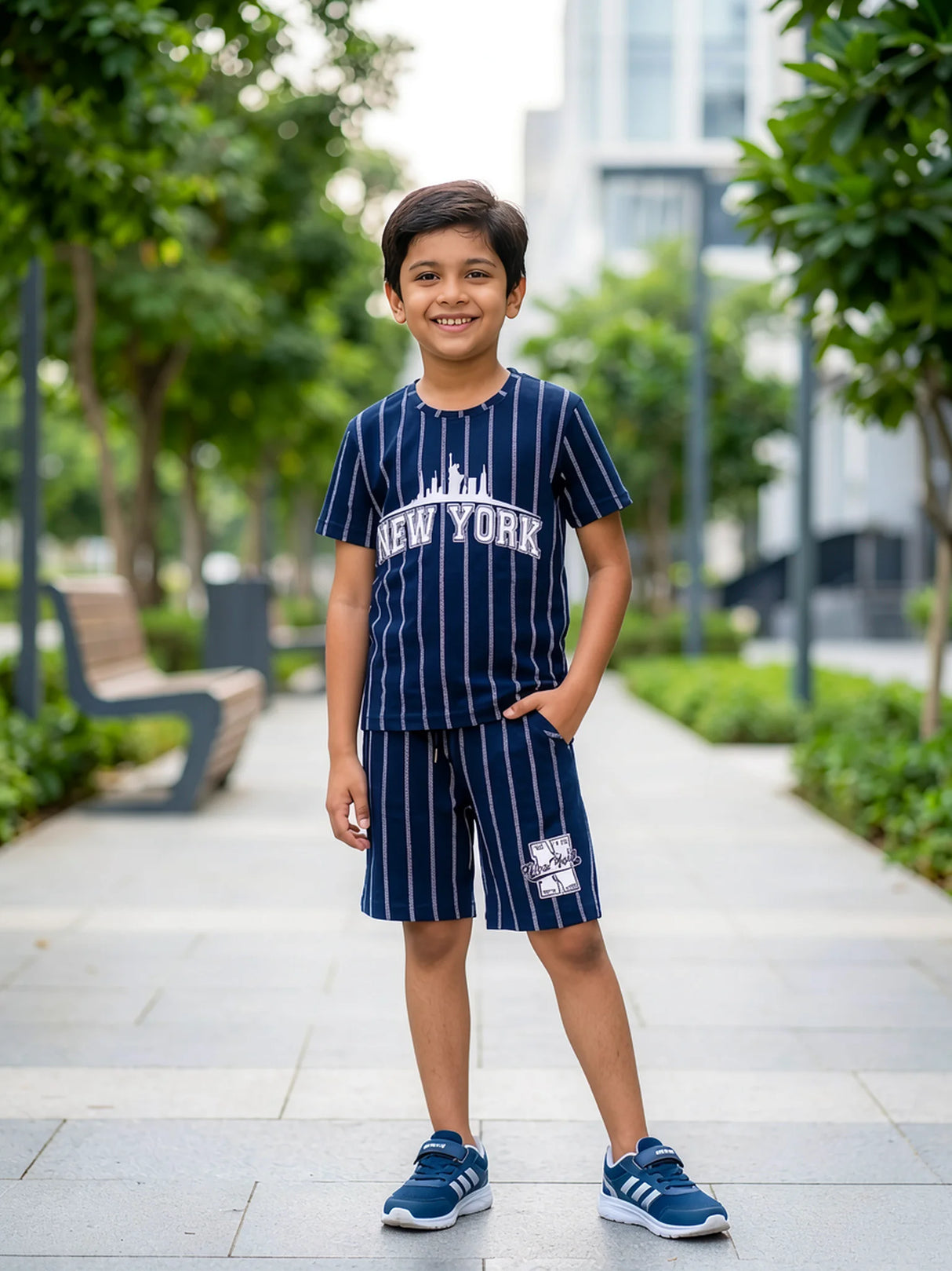 Young boy wearing a navy blue striped co-ord set with a New York graphic print and blue sneakers on a paved walkway.