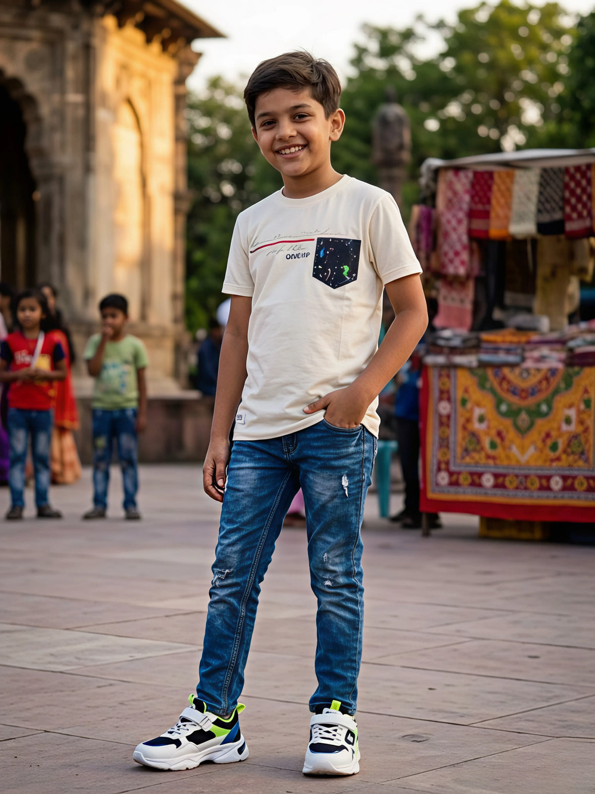 Boys' Elegant Cream Crew Neck T-Shirt with Contrast Pocket