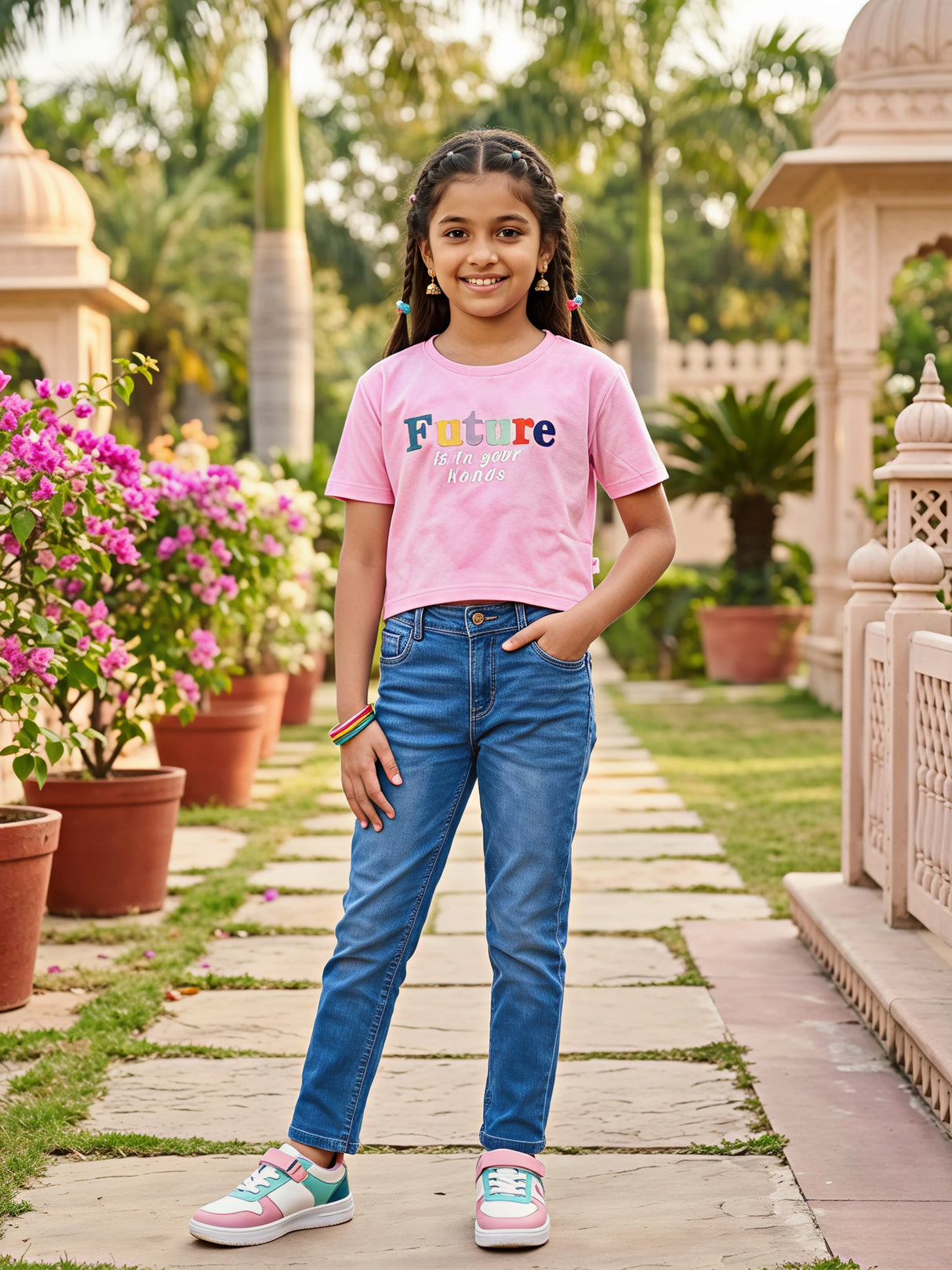Girls' Pink "Future" Graphic Tie-Dye Crop Top