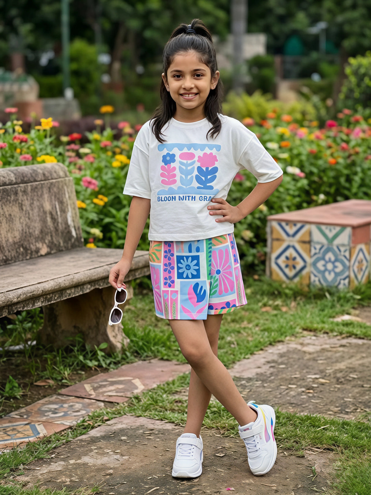 Girls Bloom With Grace Blue Graphic Top and Printed Skirt Set