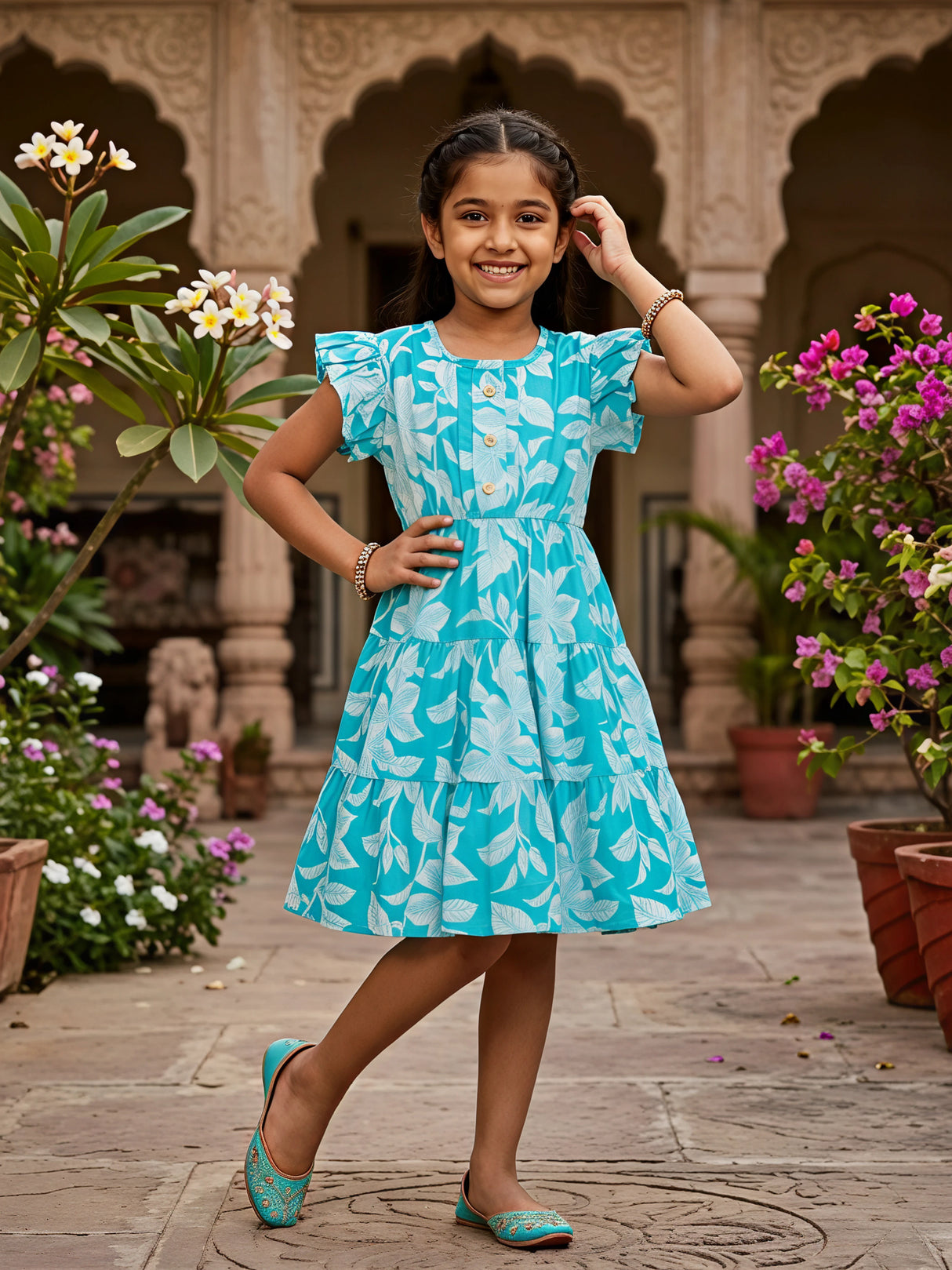Girls' Sky Blue Leaf Print Tiered Cotton Frock with Ruffle Sleeves