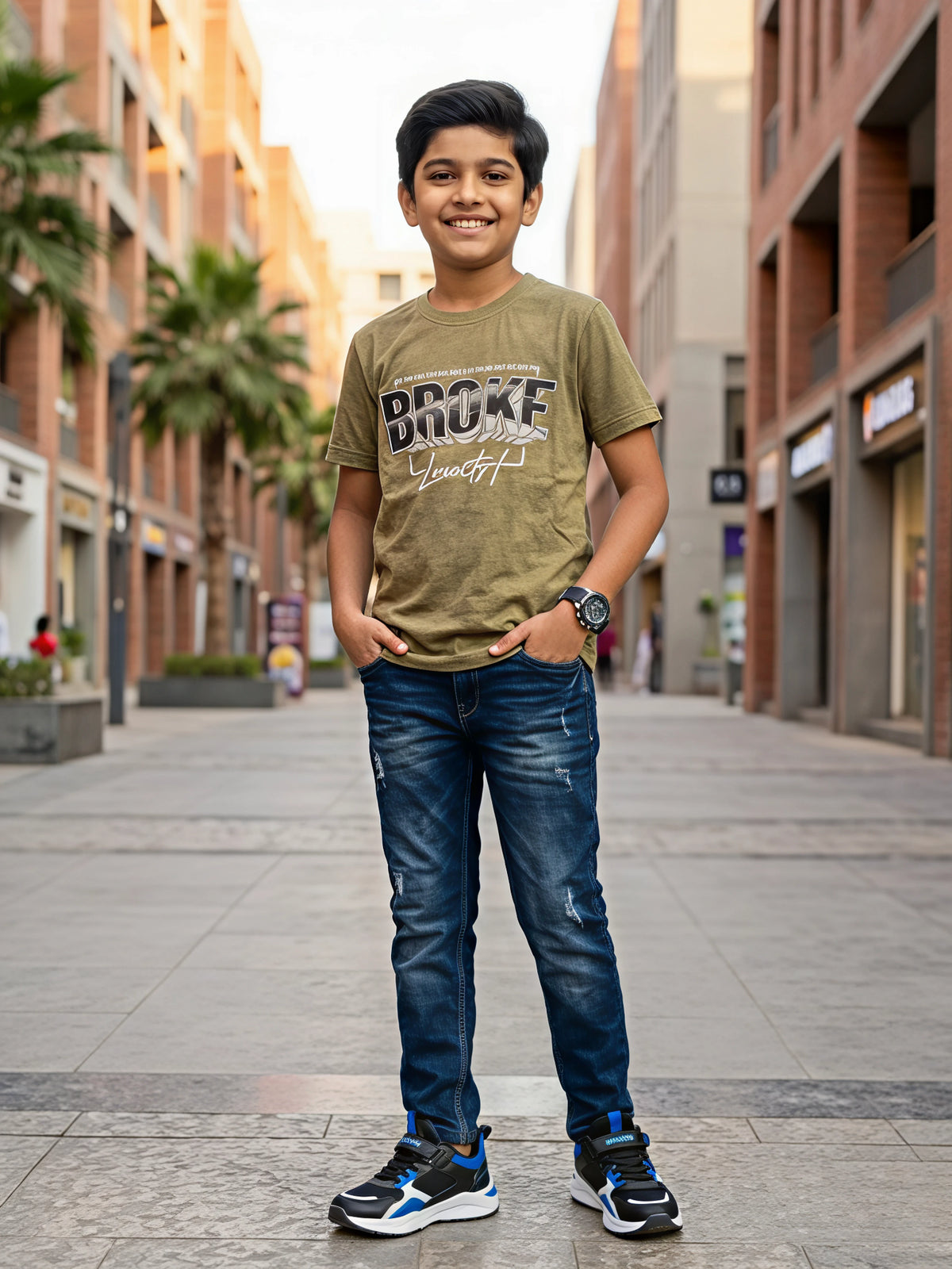 Boys Olive Green Graphic Print Cotton T-Shirt