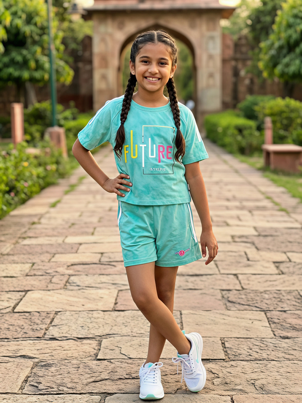Girls Green "FUTURE" Printed Cotton Blend T-Shirt and Shorts Co-ord Set