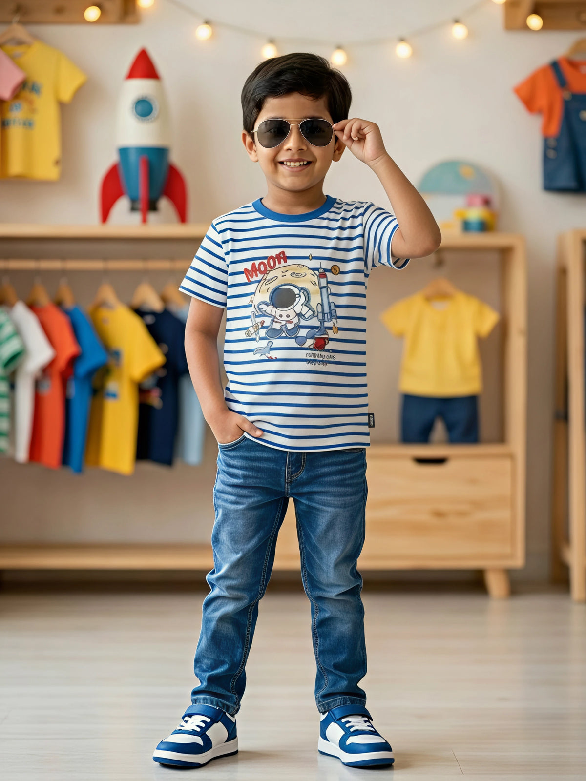 Boys Blue Striped Moon Astronaut Graphic T-Shirt