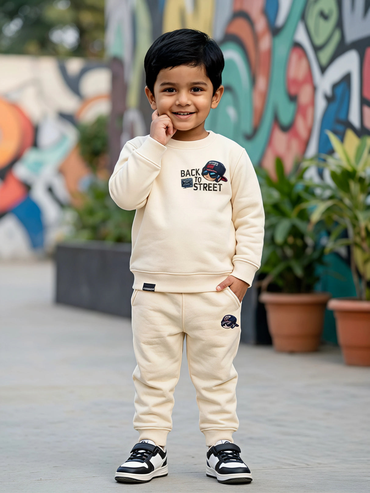 Boys Cream Tracksuit Set – “Back to Street” Printed Sweatshirt & Joggers