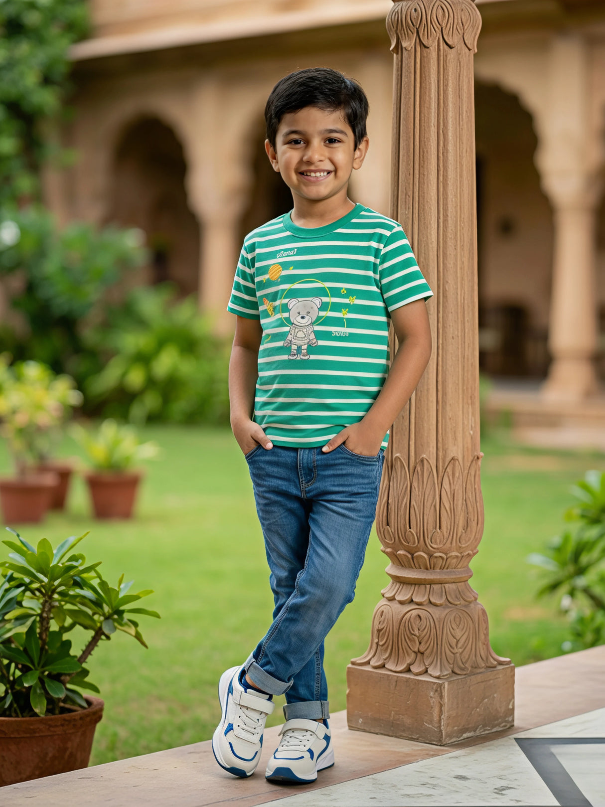 Boys Green Astronaut Bear Striped T-Shirt
