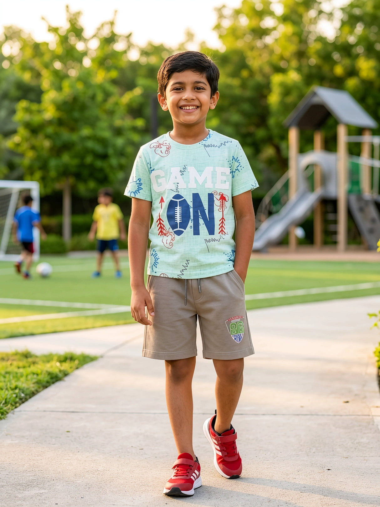 Boys Mint Green Game On Printed T-Shirt and Shorts Co-ord Set