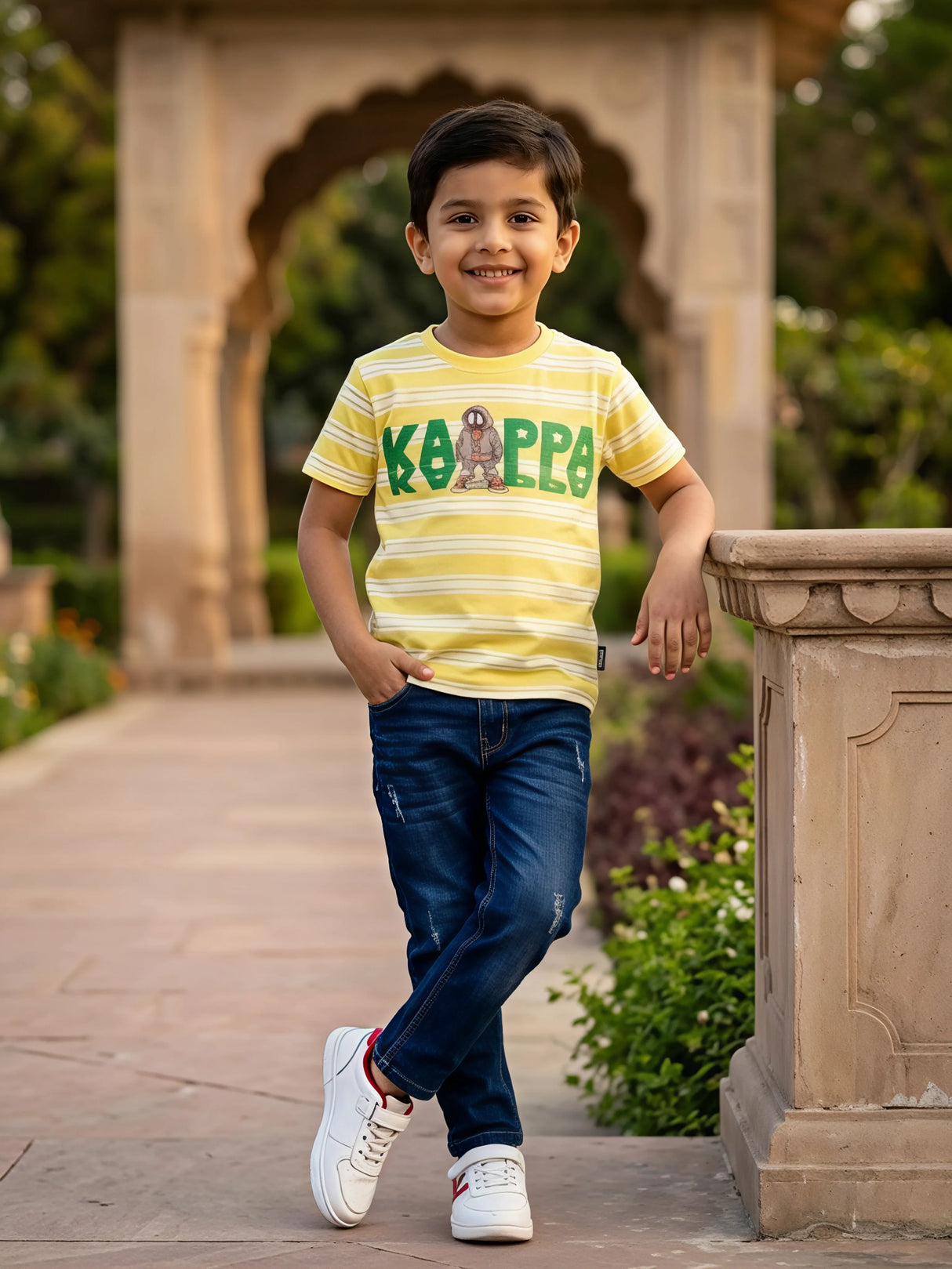 Boys Yellow Striped Graphic Cotton T-Shirt