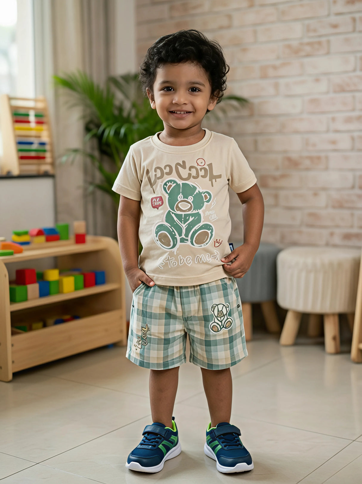 Boys Green Bear Graphic Tee & Plaid Shorts Coord Set