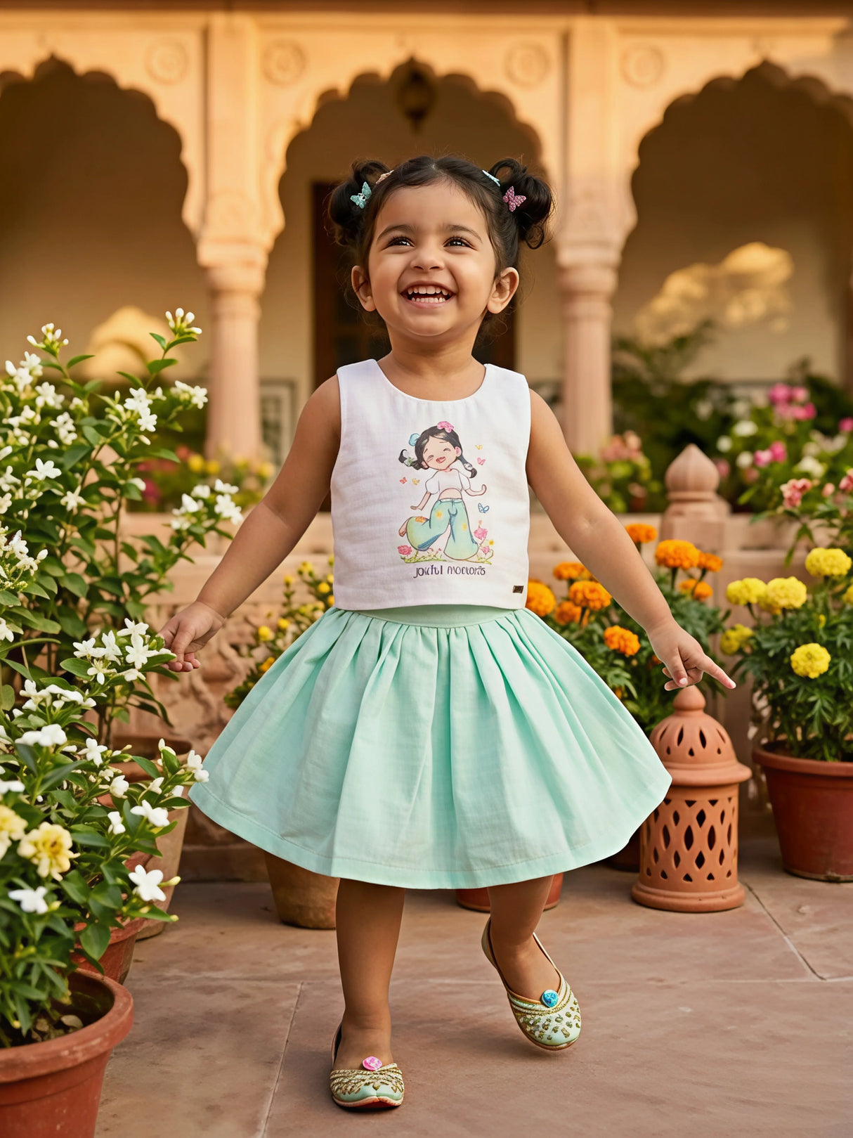 Girls' Mint Green Pleated Skirt & Graphic Tank Set