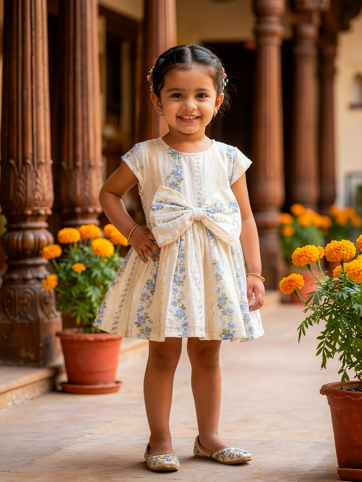 Blue Floral Cotton Frock with Oversized Bow