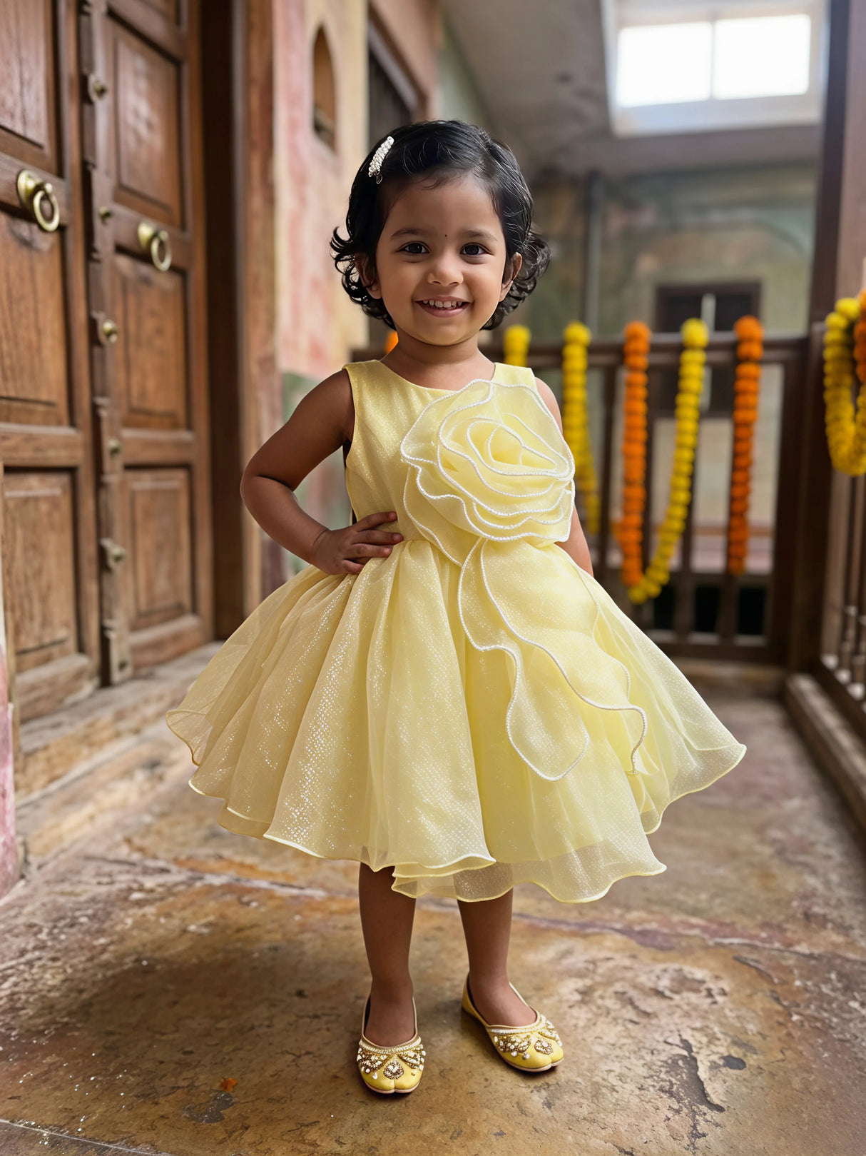 Girls Sunny Yellow Organza Party Wear Frock with 3D Floral Appliqué