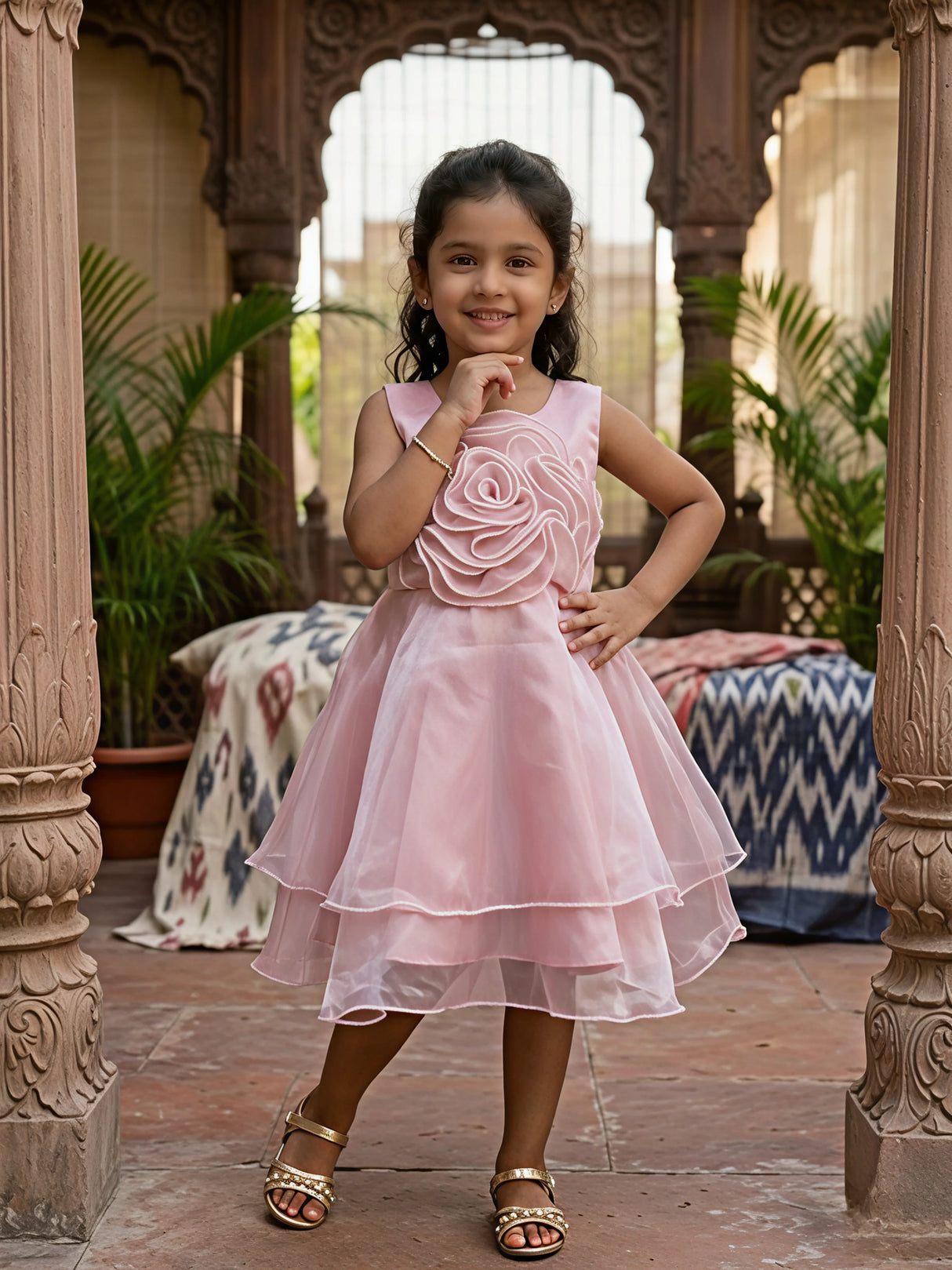 Girls' Pink Petal Rose Organza Party Frock
