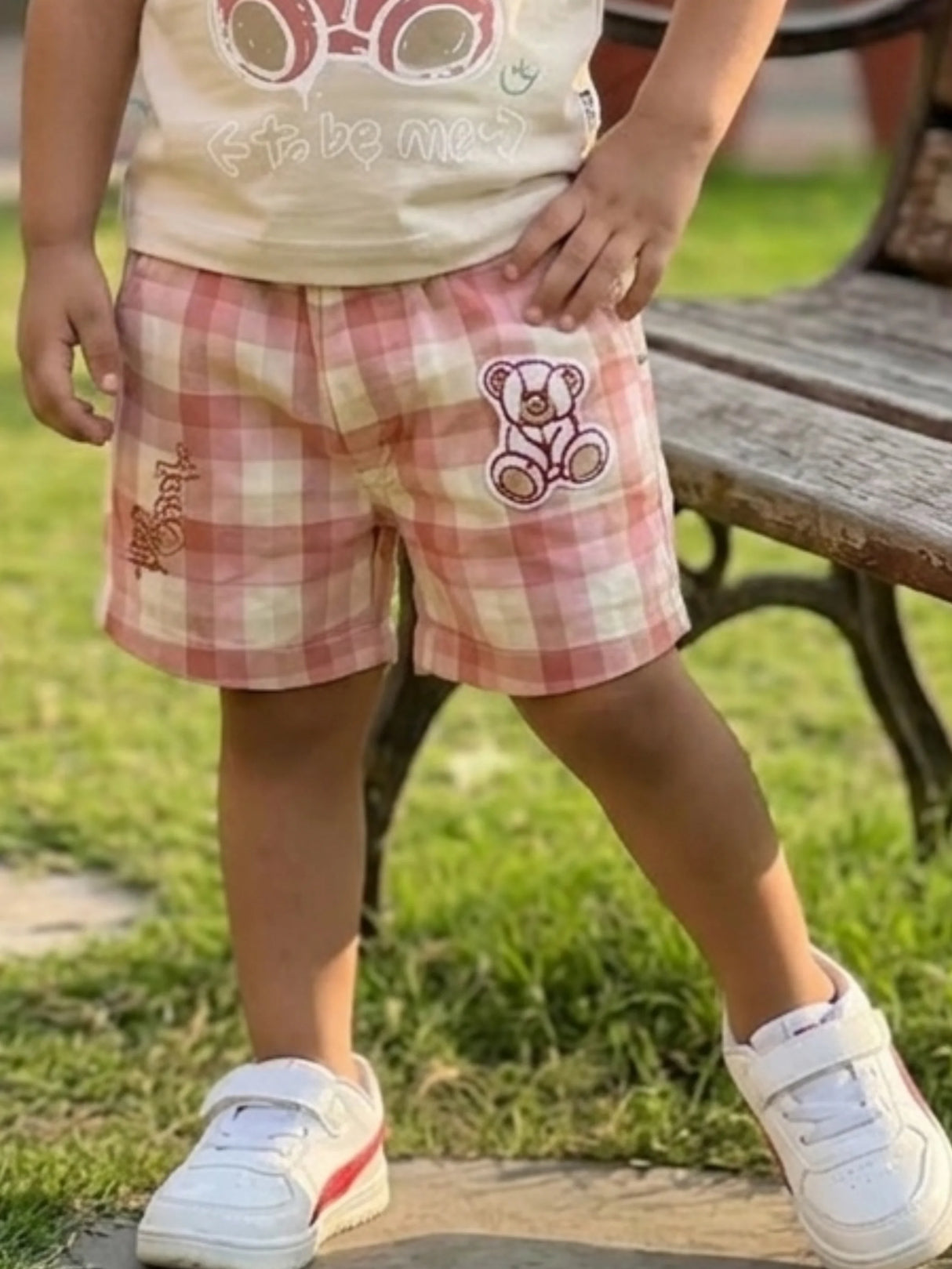 Boys Maroon Bear Print T-Shirt & Checkered Shorts Co-ord Set