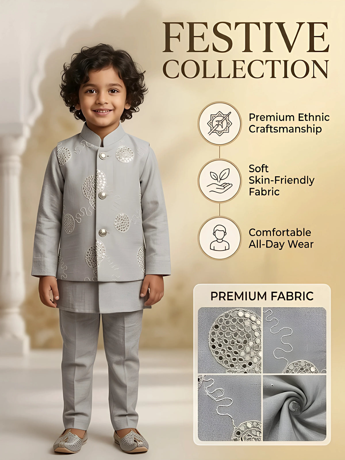 Cream Mirror Work Kurta Pajama with Jacket for Boys