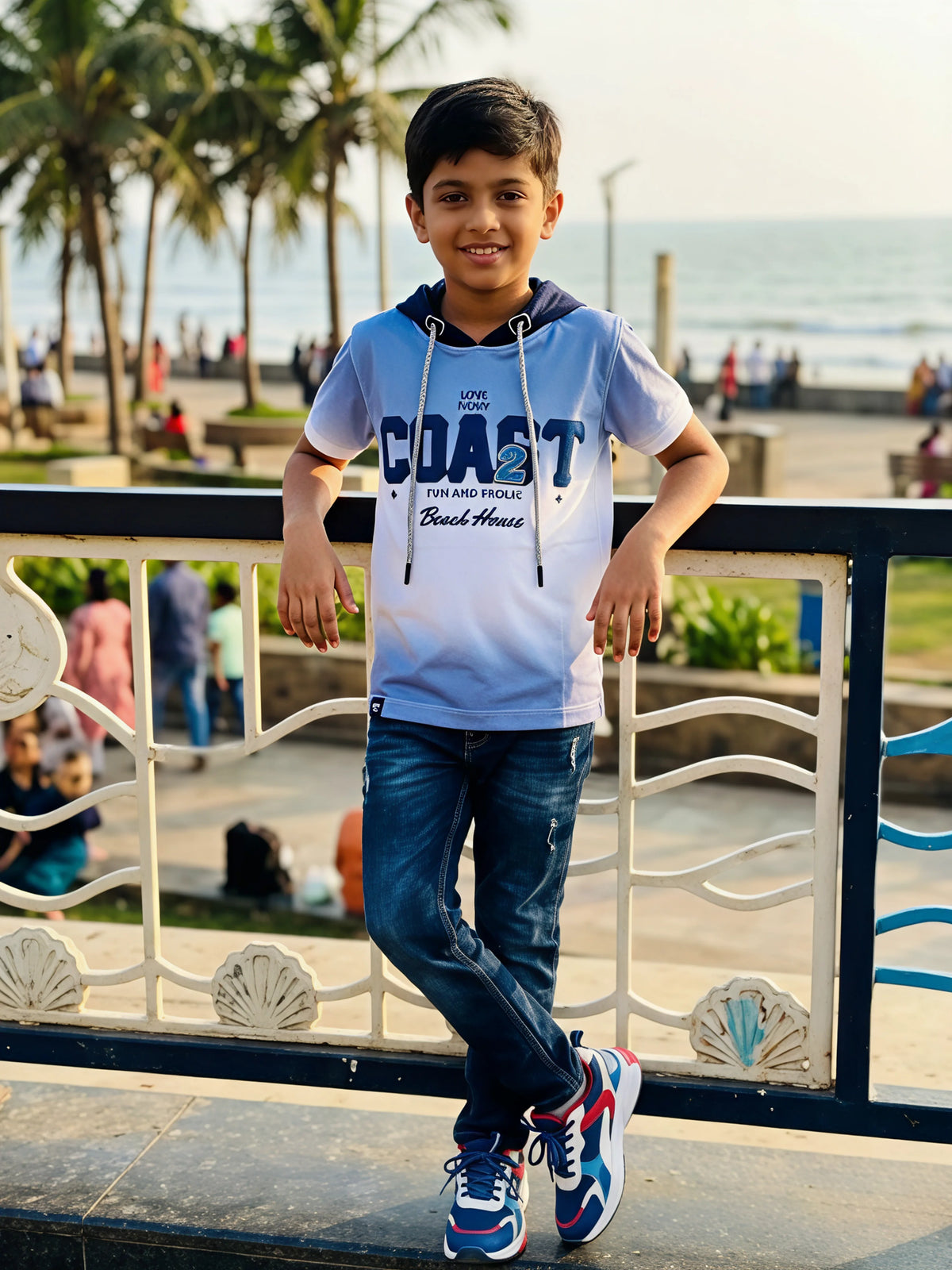 Boys Navy Blue Hooded Coast Graphic T-Shirt