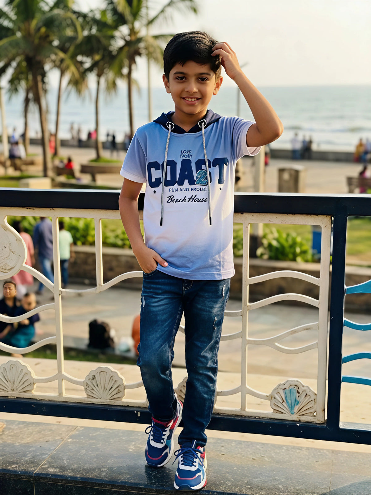 Boys Navy Blue Hooded Coast Graphic T-Shirt