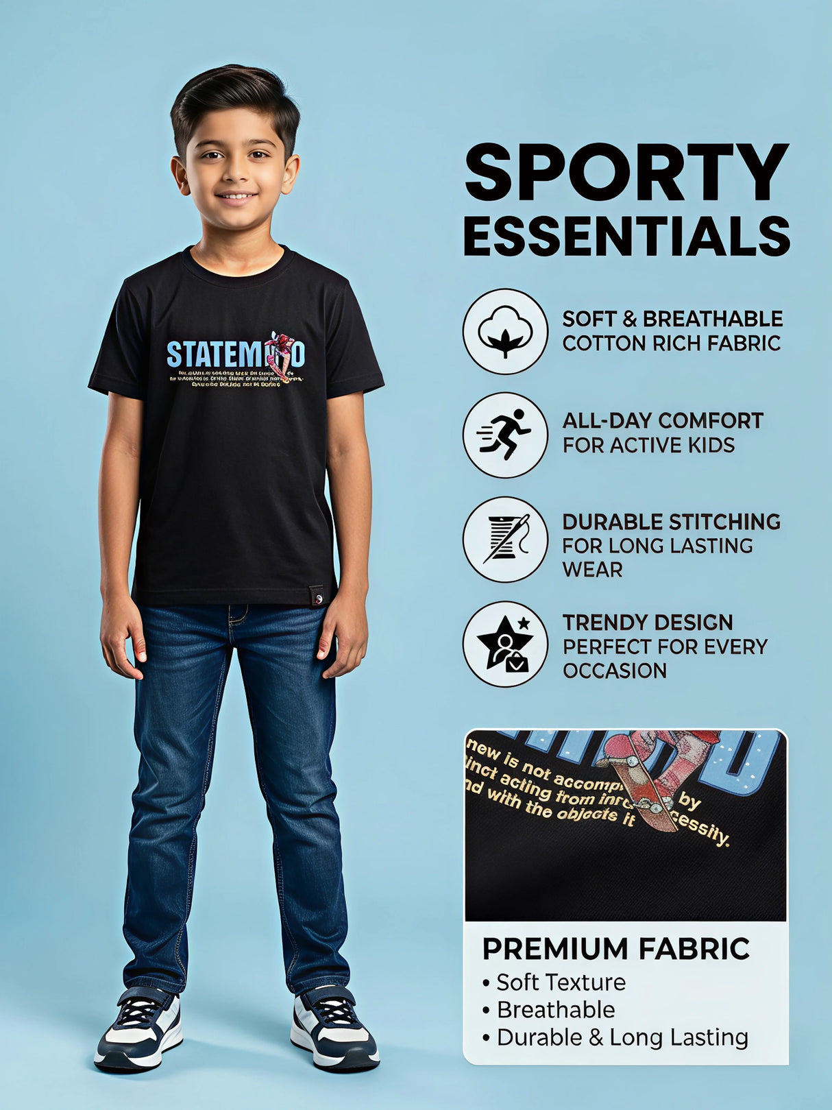 Boys Black Statement Graphic Printed T-Shirt.