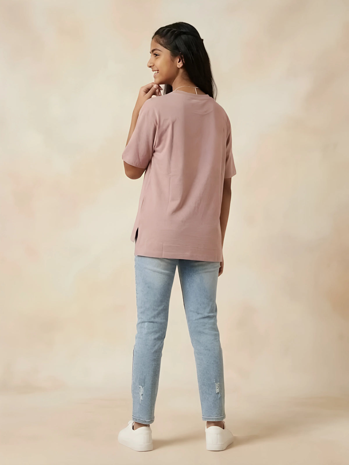 Girls Peach Graphic Casual Top