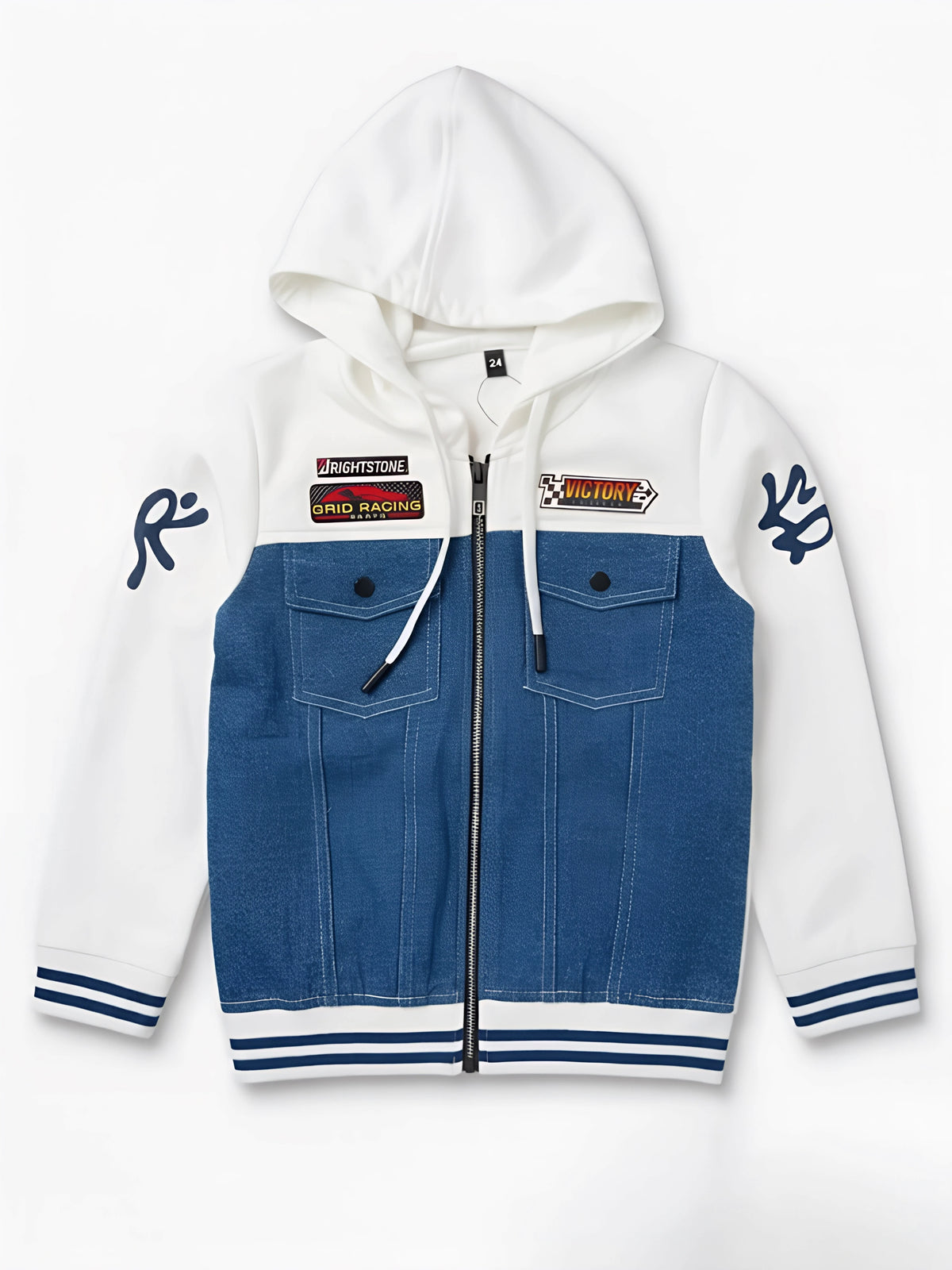 White Colorblock Hooded Racing Patch Jackets Daily Wear