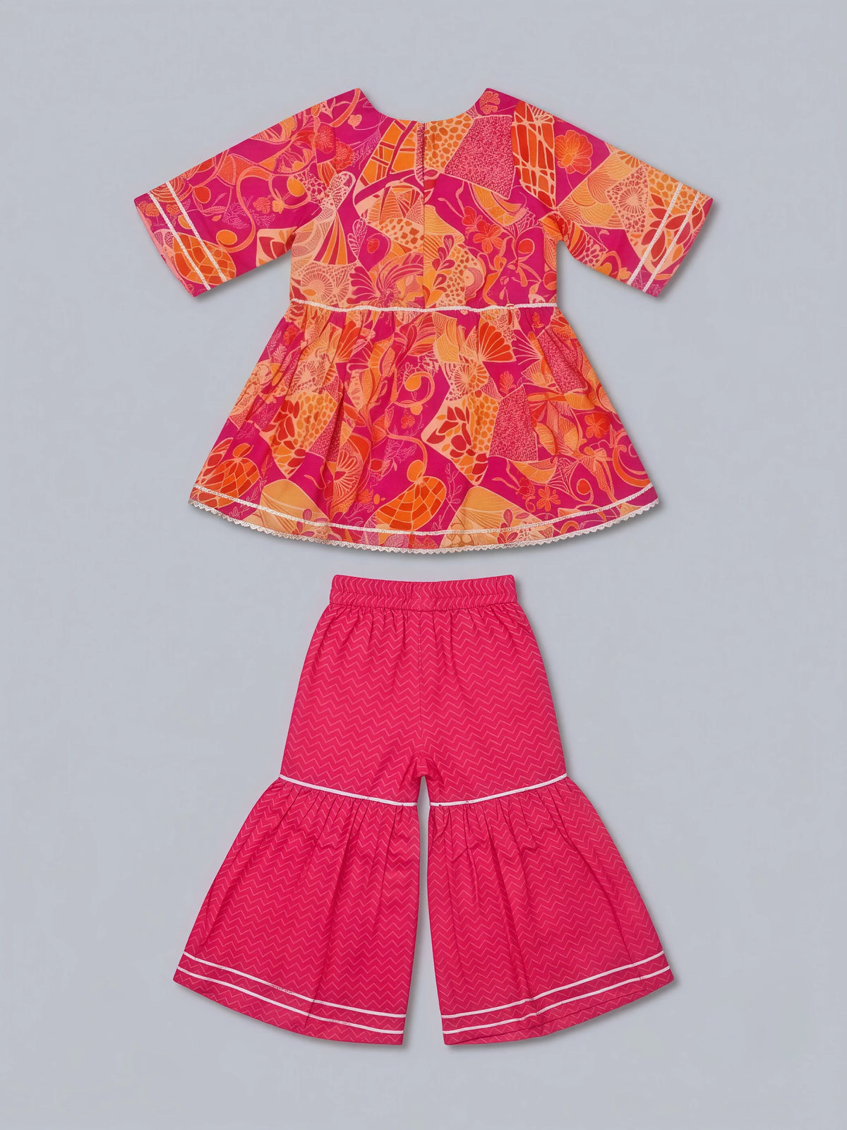 Girls Pink Printed Ethnic Sharara Set.
