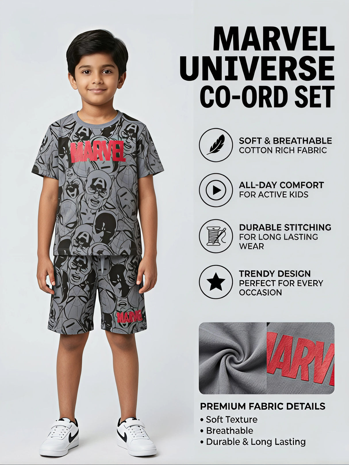 Boys Grey Marvel Print Co-ord Set - Casual T-Shirt & Shorts