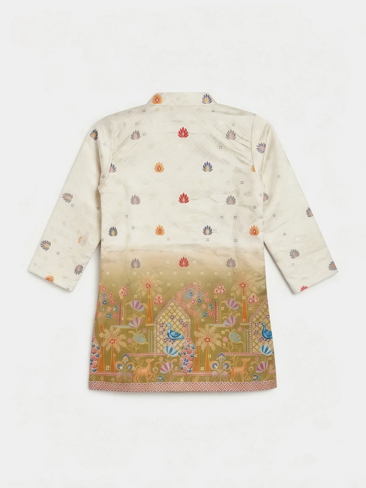 Cream Mughal Garden Print Kurta Pajama Set for Boys