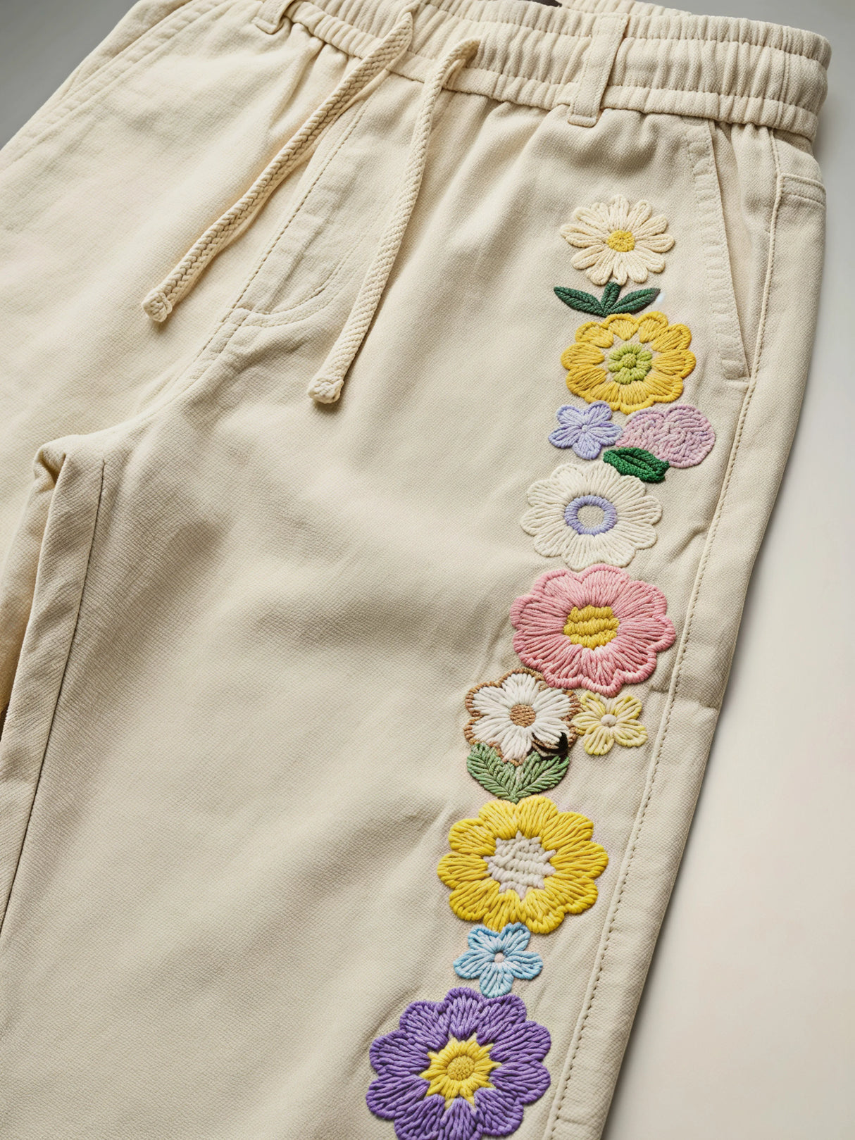 Girls Cream Crochet Floral Wide Leg Pants Set