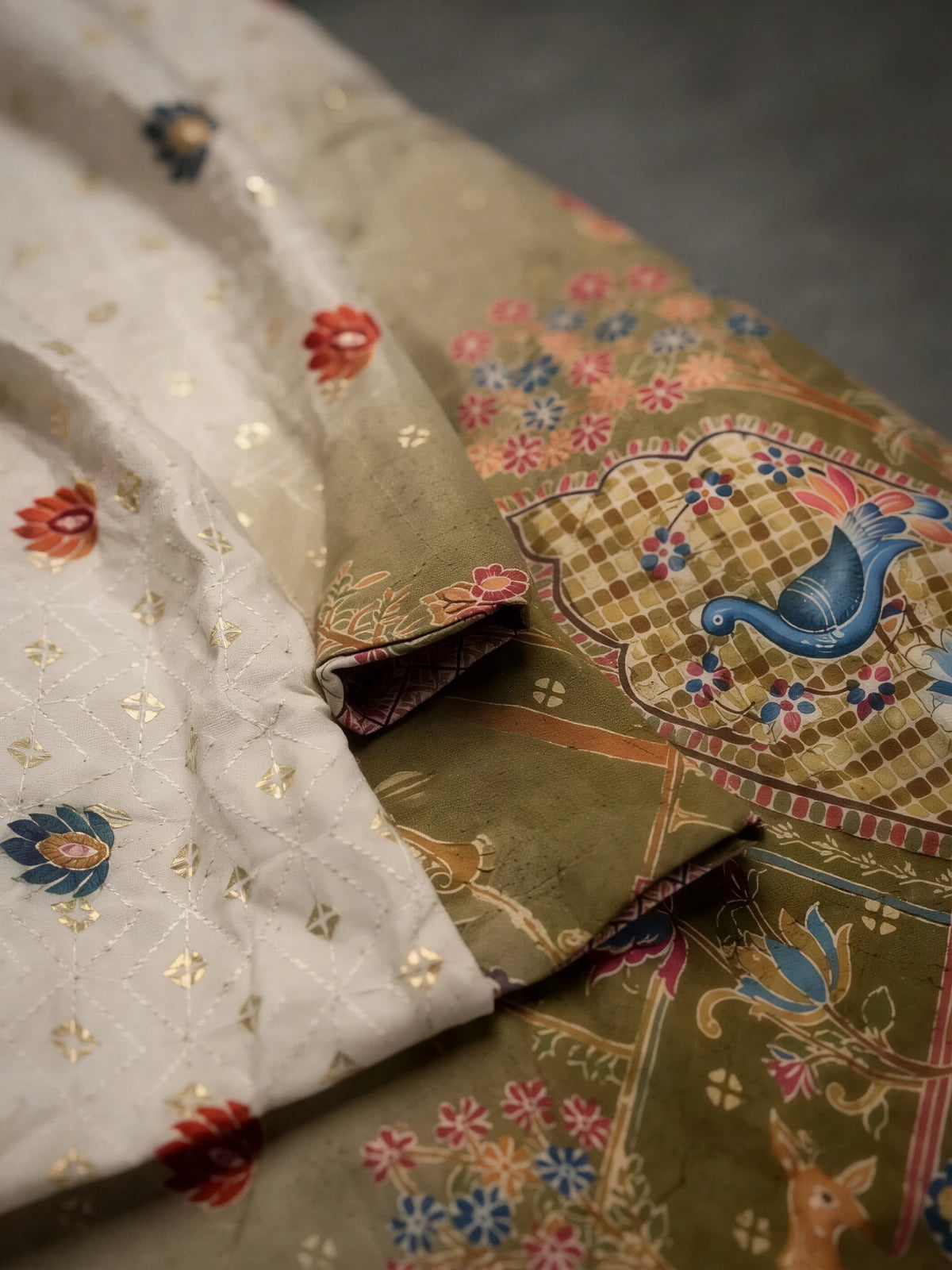Cream Mughal Garden Print Kurta Pajama Set for Boys