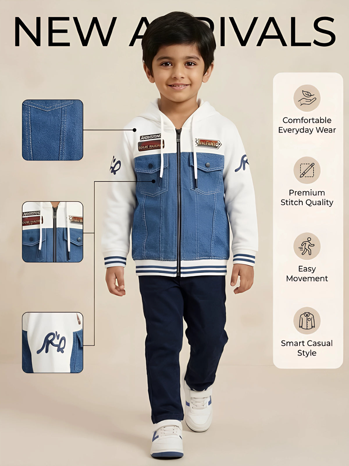 White Colorblock Hooded Racing Patch Jackets Daily Wear